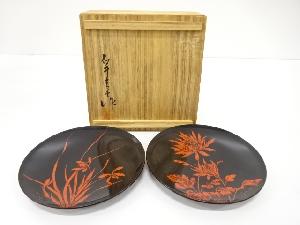 漆塗り赤絵　銘々皿　2客